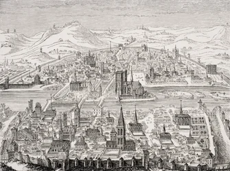 Facsímil de una placa de cobre con vista en perspectiva de París en 1607